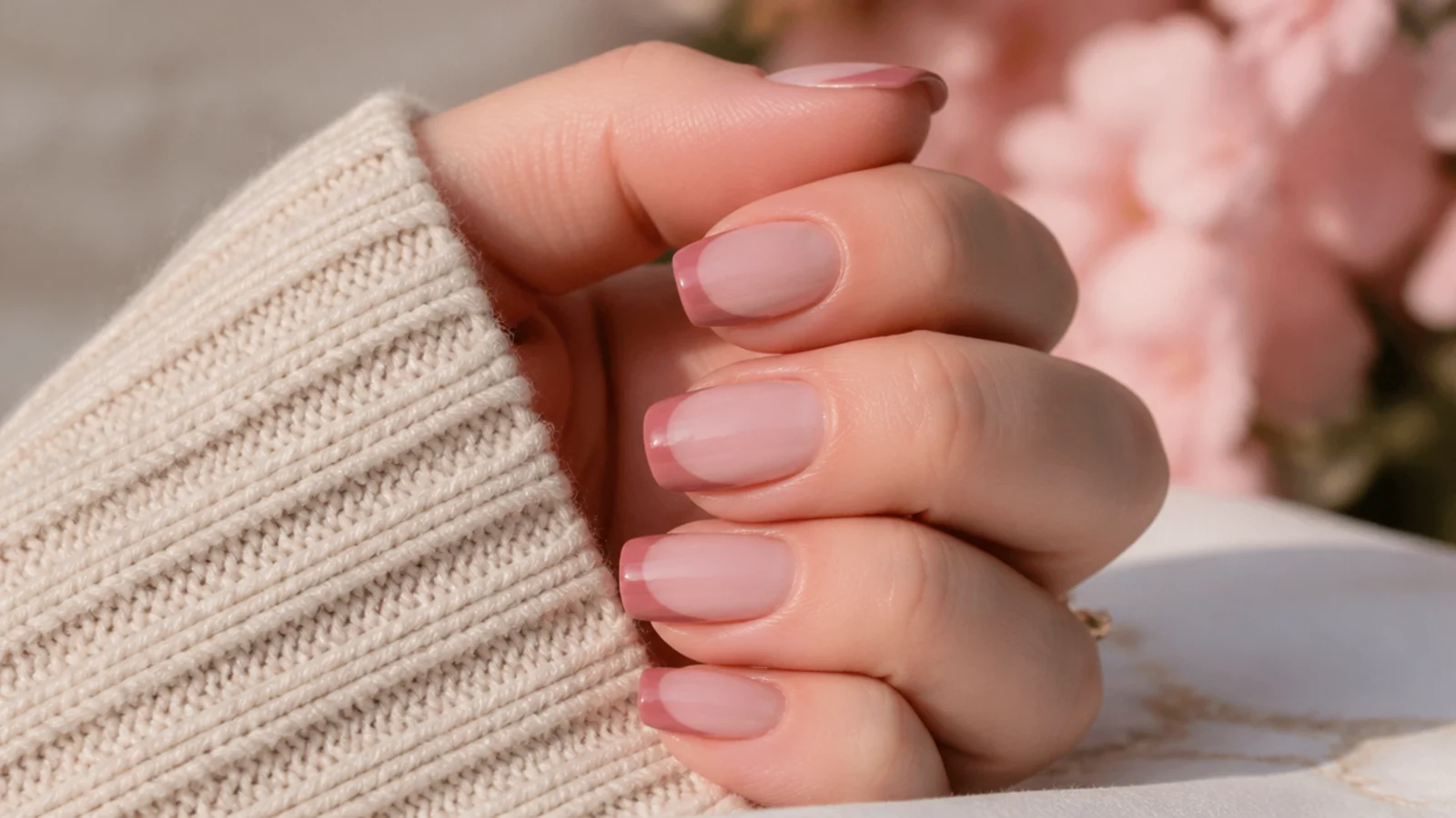 Medium nails with a darker rose pink tip over a pale pink base in a tonal French