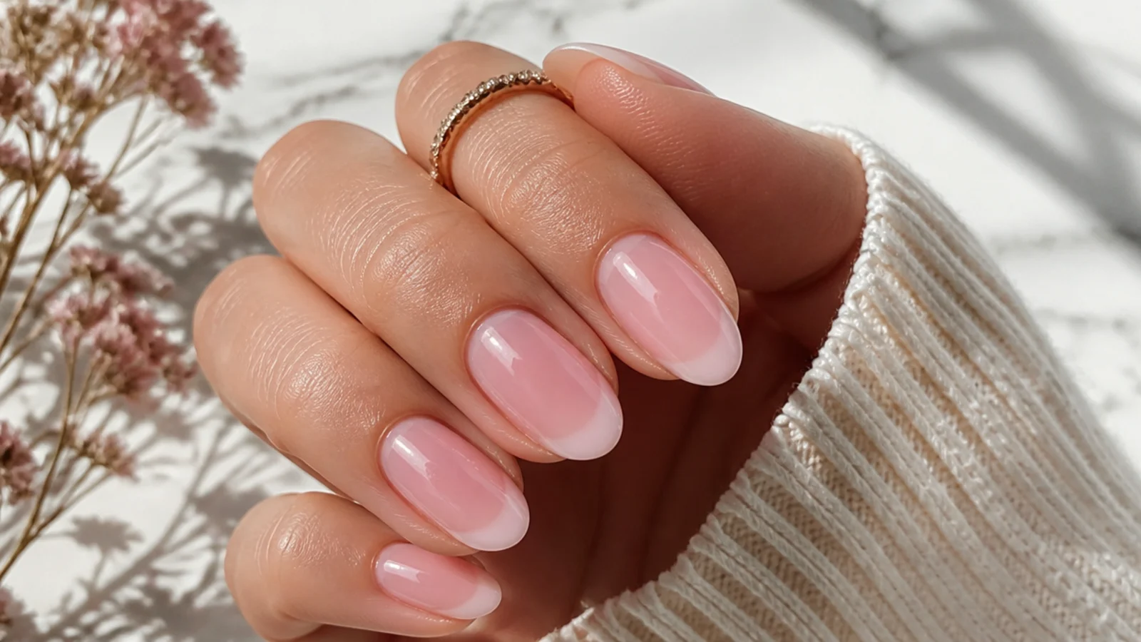 Short almond nails with a blush pink aura halo glowing behind a soft French tip