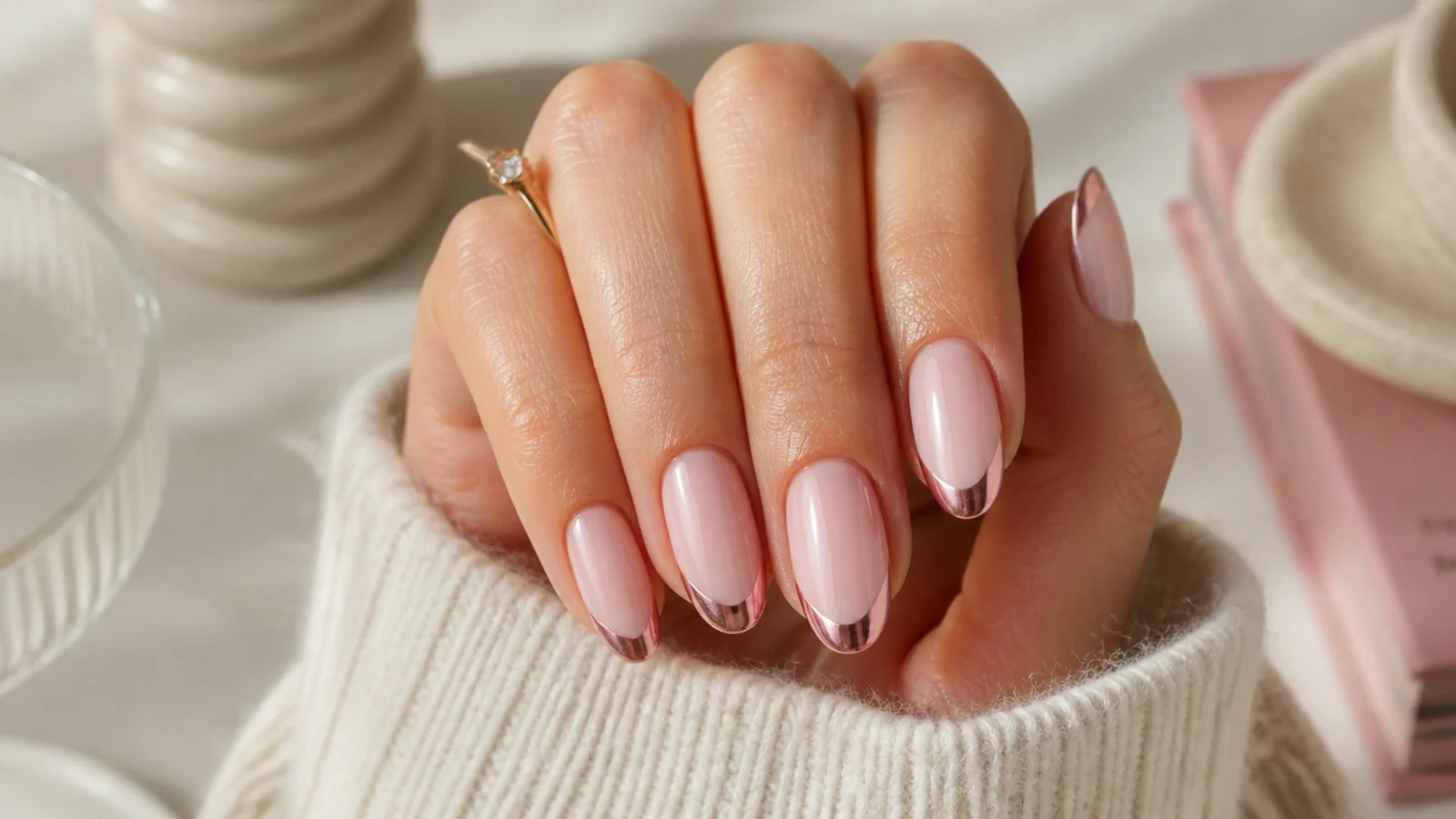 Medium almond nails with mirror pink chrome French tips on a milky base