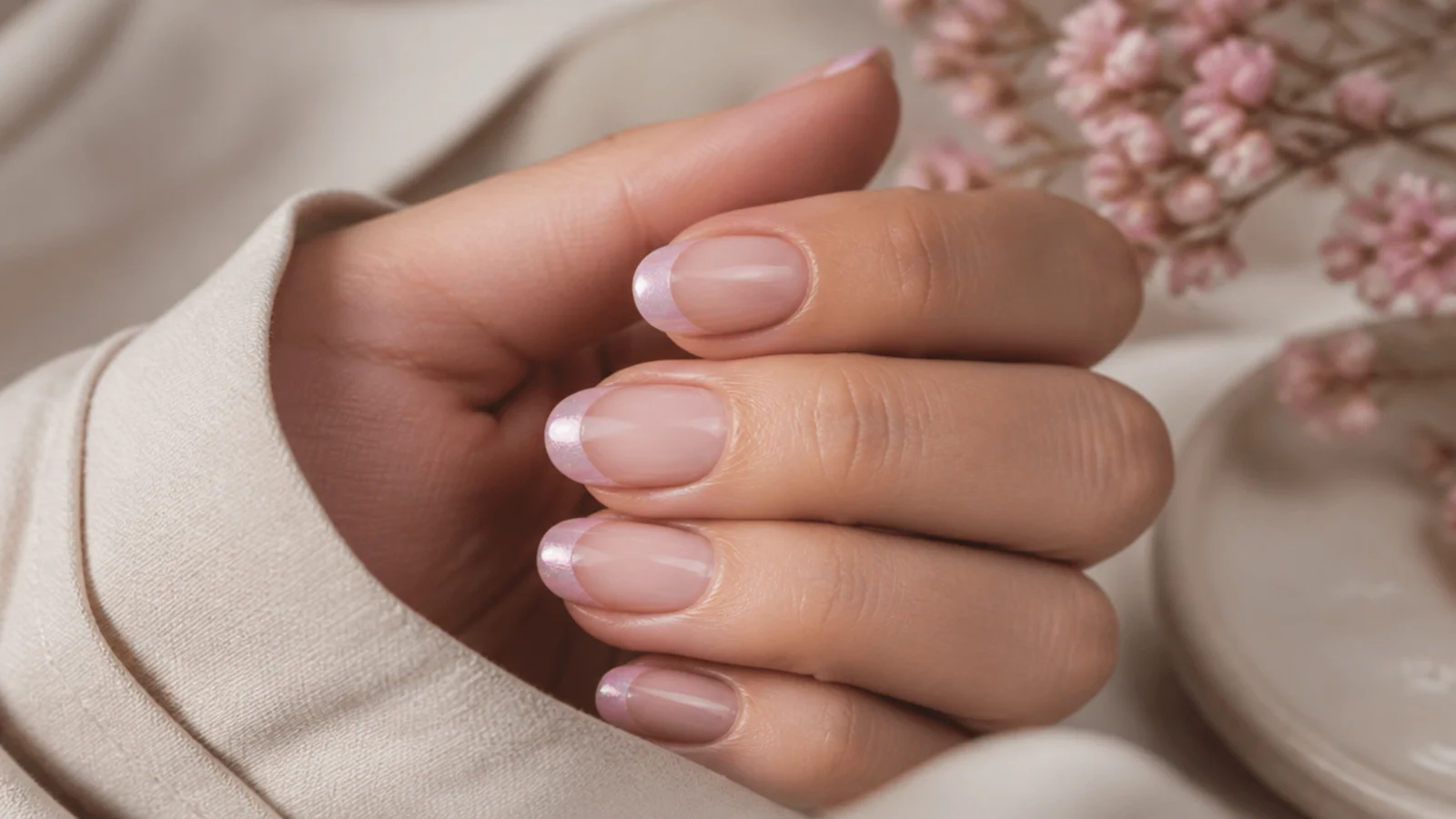 Short almond nails with iridescent pearl pink French tips catching a soft glazed sheen