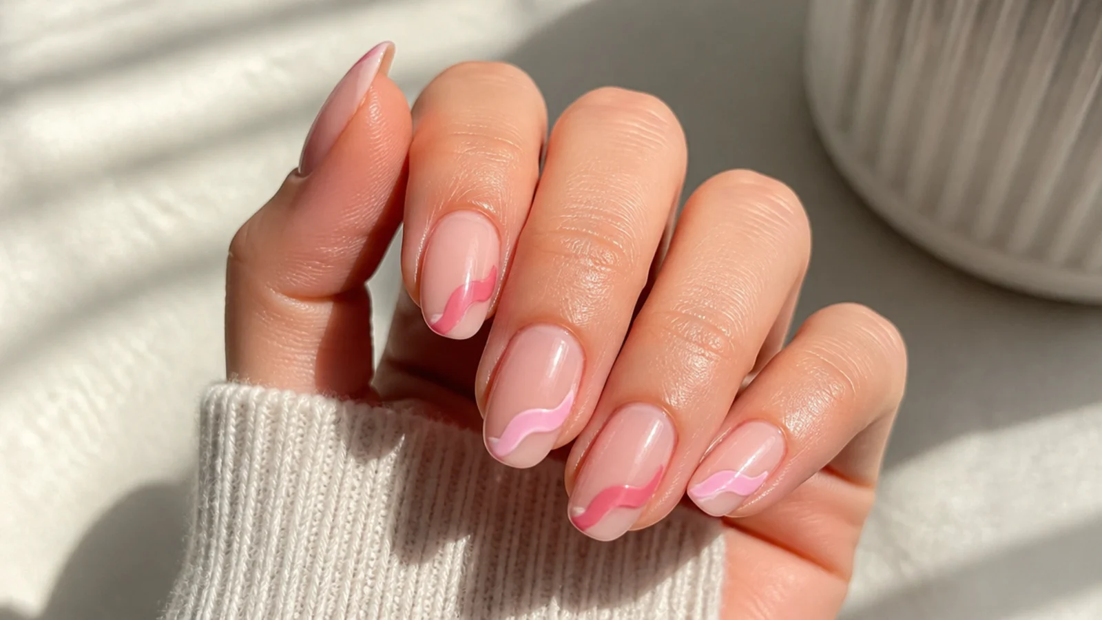 Medium nails with a pink swirl replacing the straight French tip on a sheer nude base