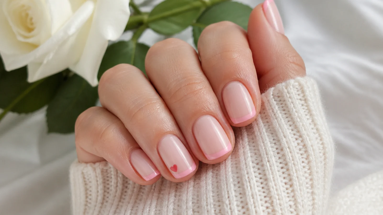 Short pink French tip nails with a tiny hand-painted heart in the corner of one accent nail