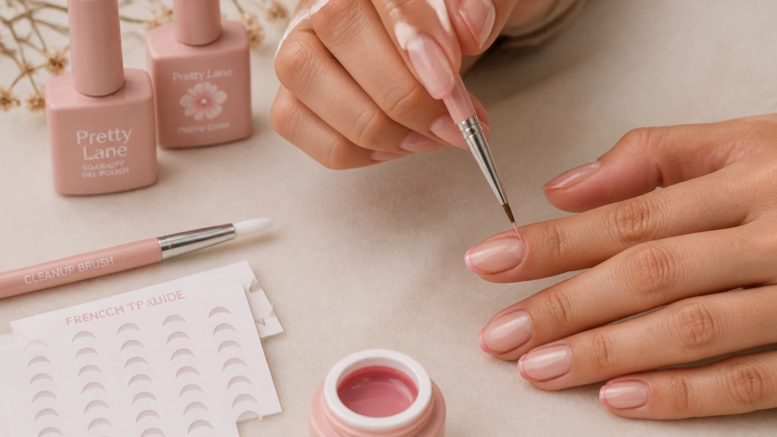 Hand painting a pink French tip with a thin liner brush beside guide stickers and cleanup brush