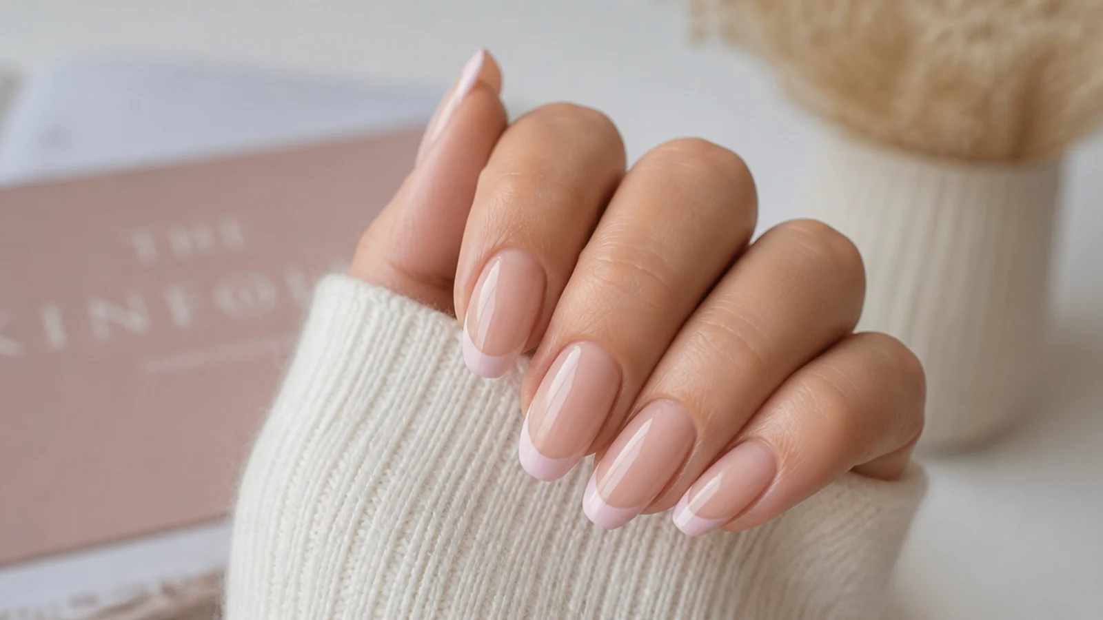 Medium almond nails with soft milky pink French tips on a sheer nude base