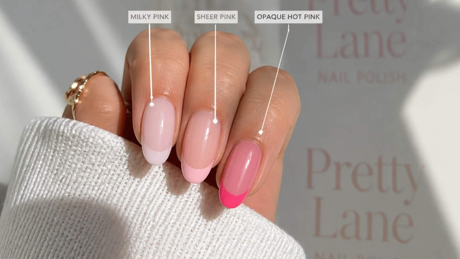 Three nail swatches compared showing milky pink, sheer pink and opaque hot pink French tips
