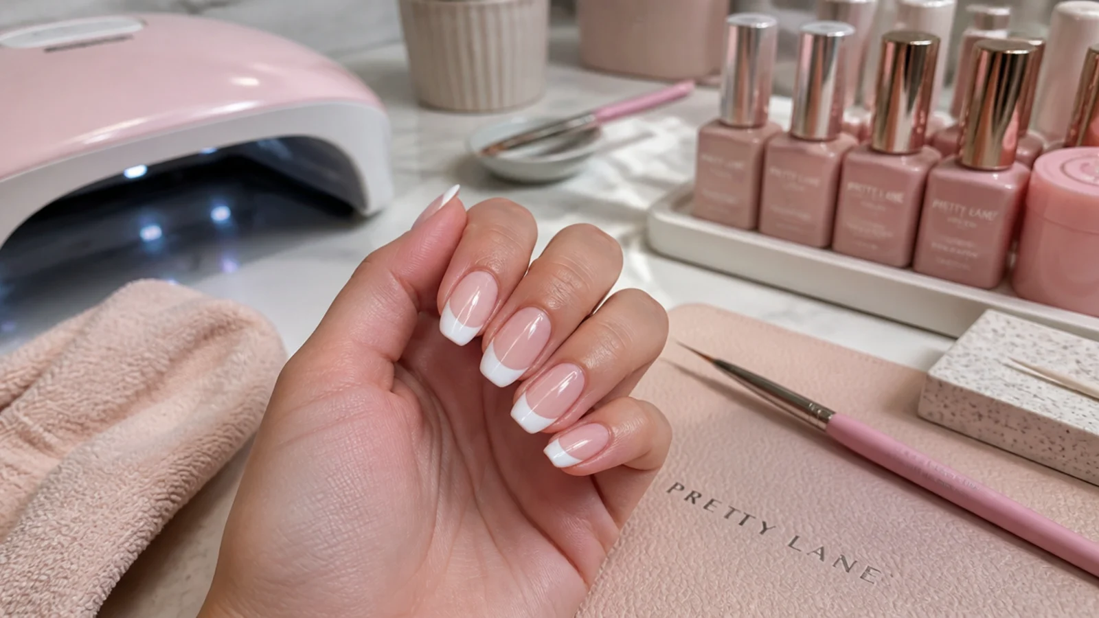Nail salon station with pink gel bottles, liner brush and a lamp set up for a French manicure