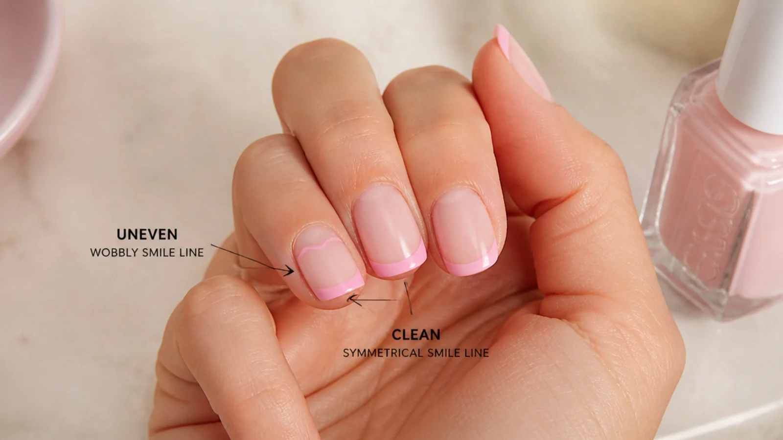 Two pink French tips compared, one with an uneven wobbly smile line and one clean and symmetrical
