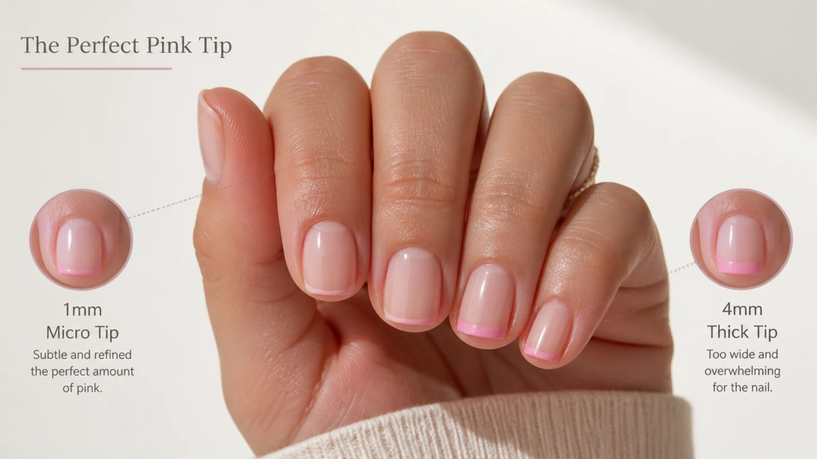 Short square nails compared with a 1mm micro pink tip beside a too-thick 4mm pink tip