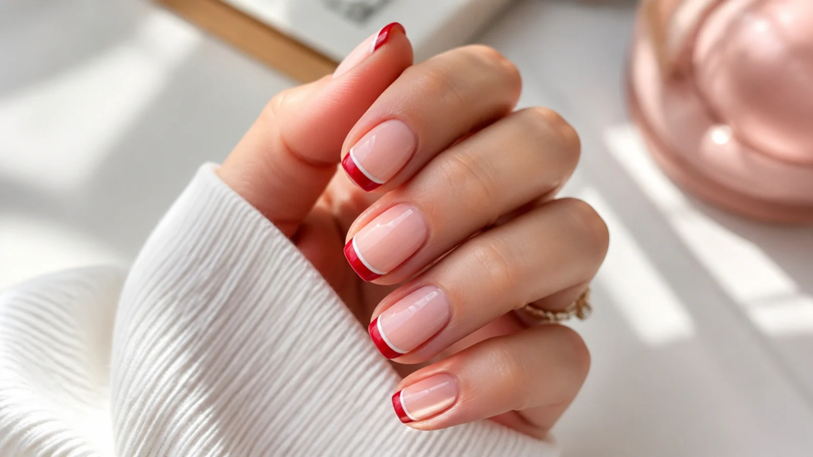 Short square nails with a red French tip outlined by a thin white line on a nude base