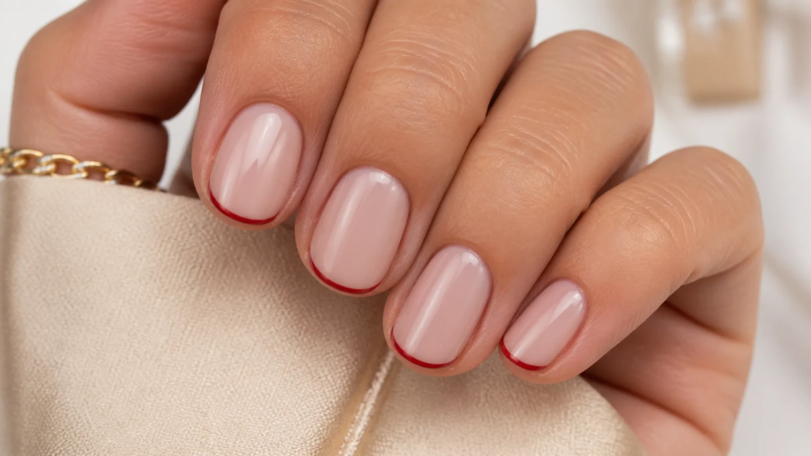 Short bare nails with a hairline micro red French tip painted along the free edge