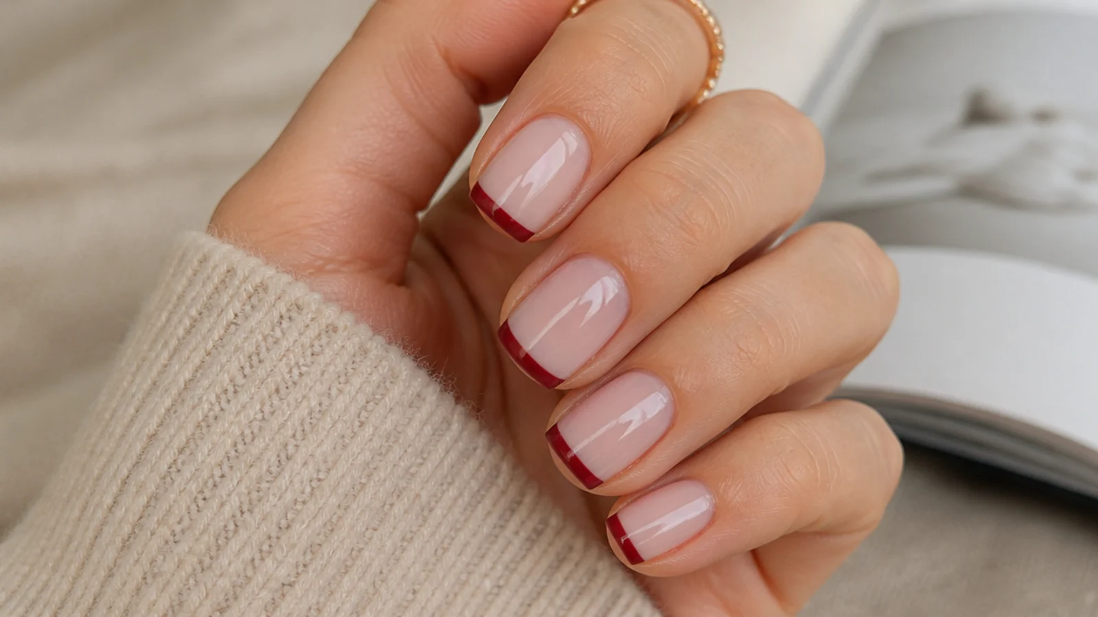 Short square nails with a shallow red French tip on a sheer nude base