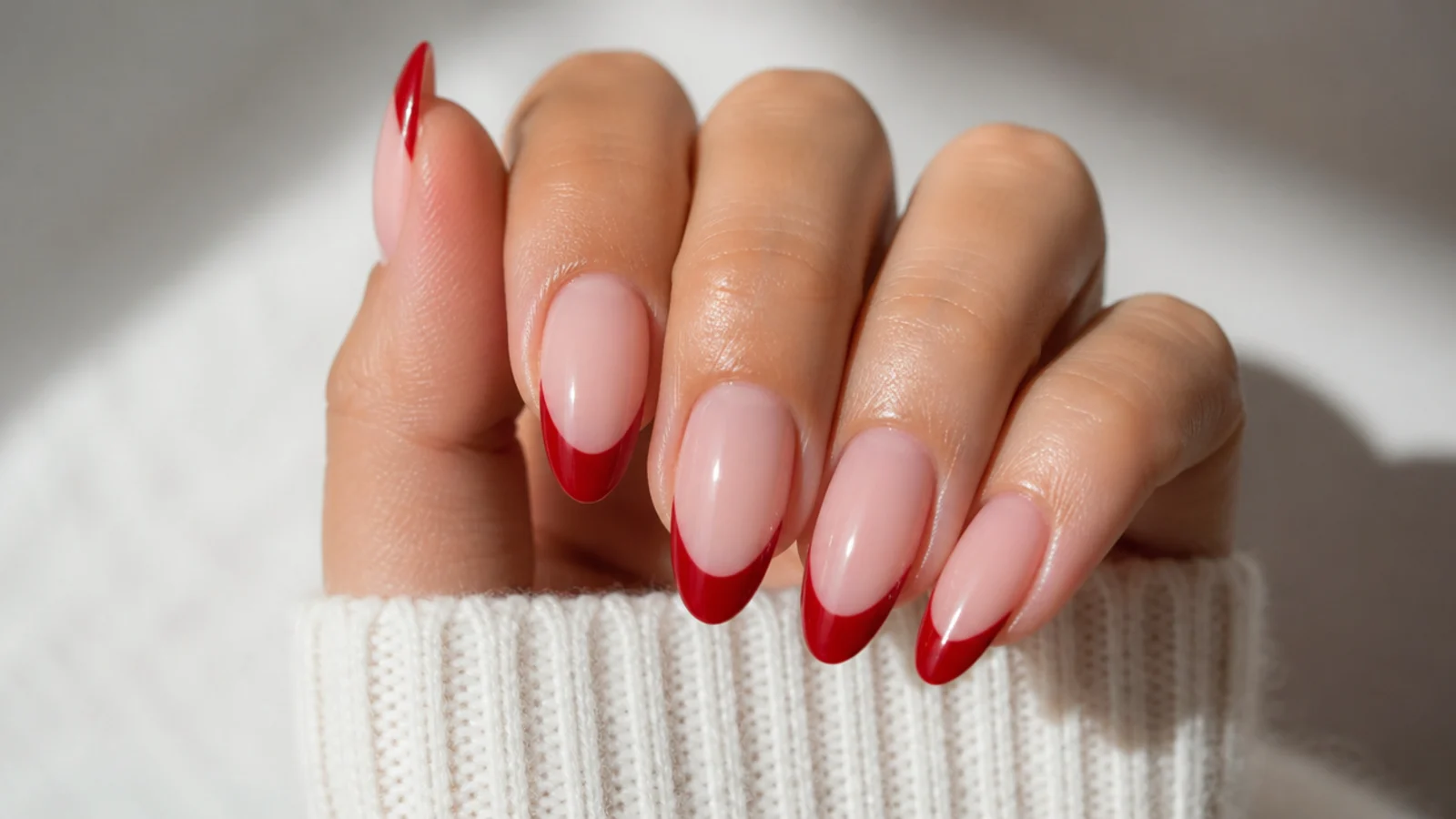 Medium almond nails with cherry red French tips following the tapered curve of the tip