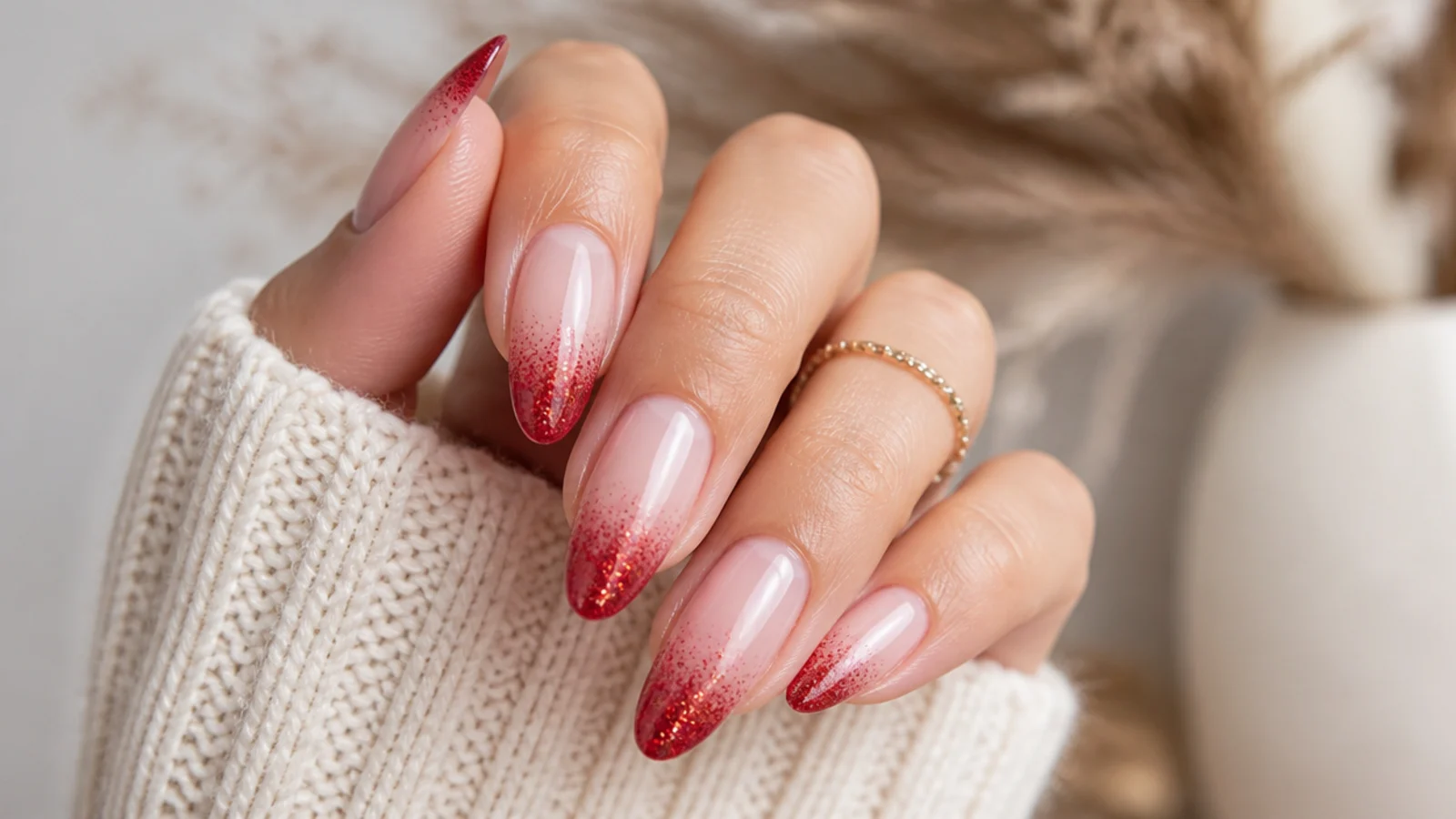 Long almond nails with red glitter French tips fading into a sheer nude base