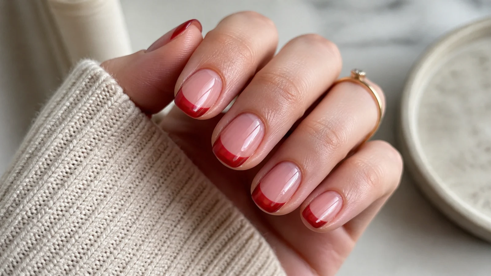Short oval nails with translucent jelly red French tips showing the natural nail through the color