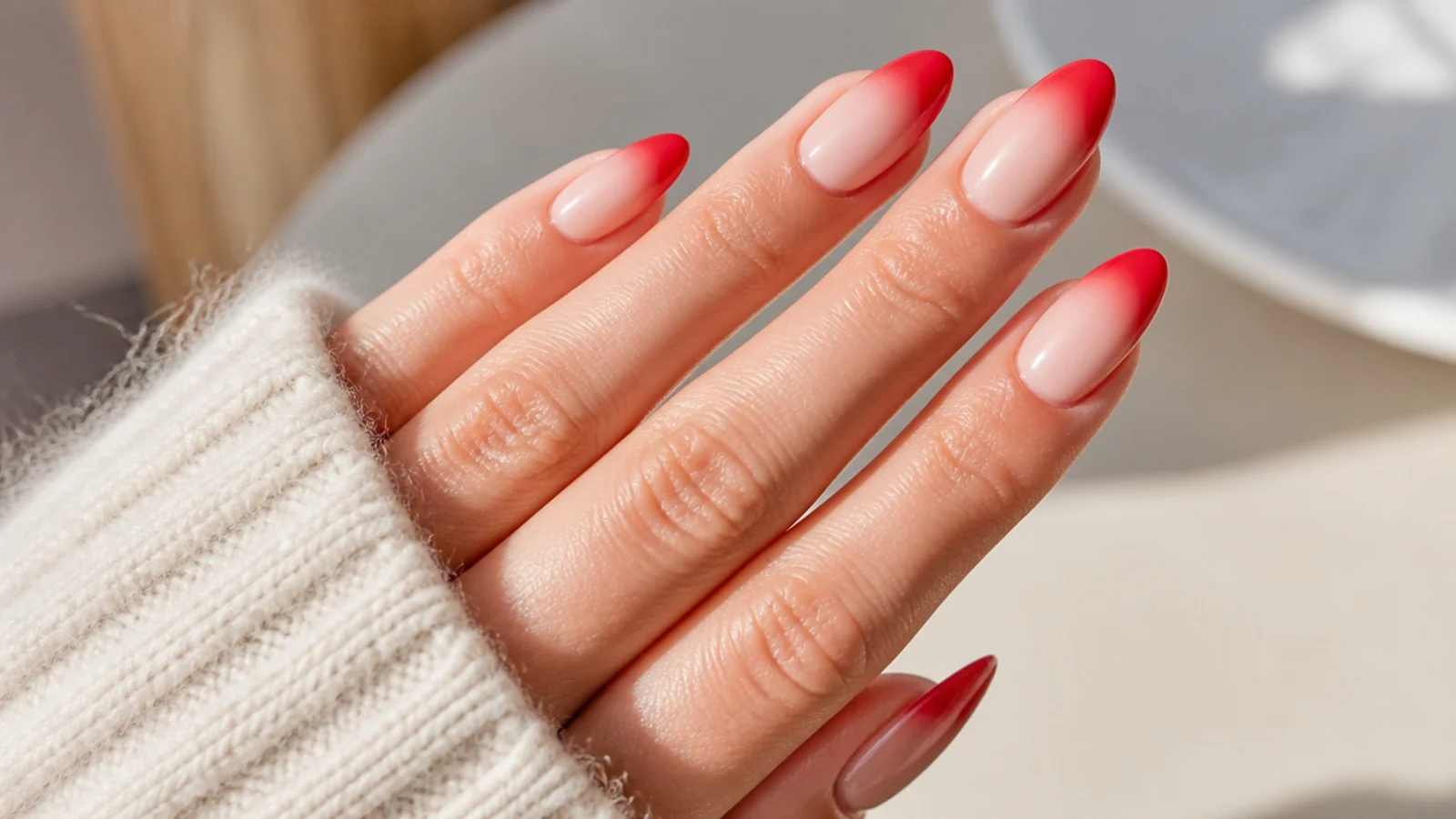 Medium almond nails with a red ombre French tip fading softly into a nude base