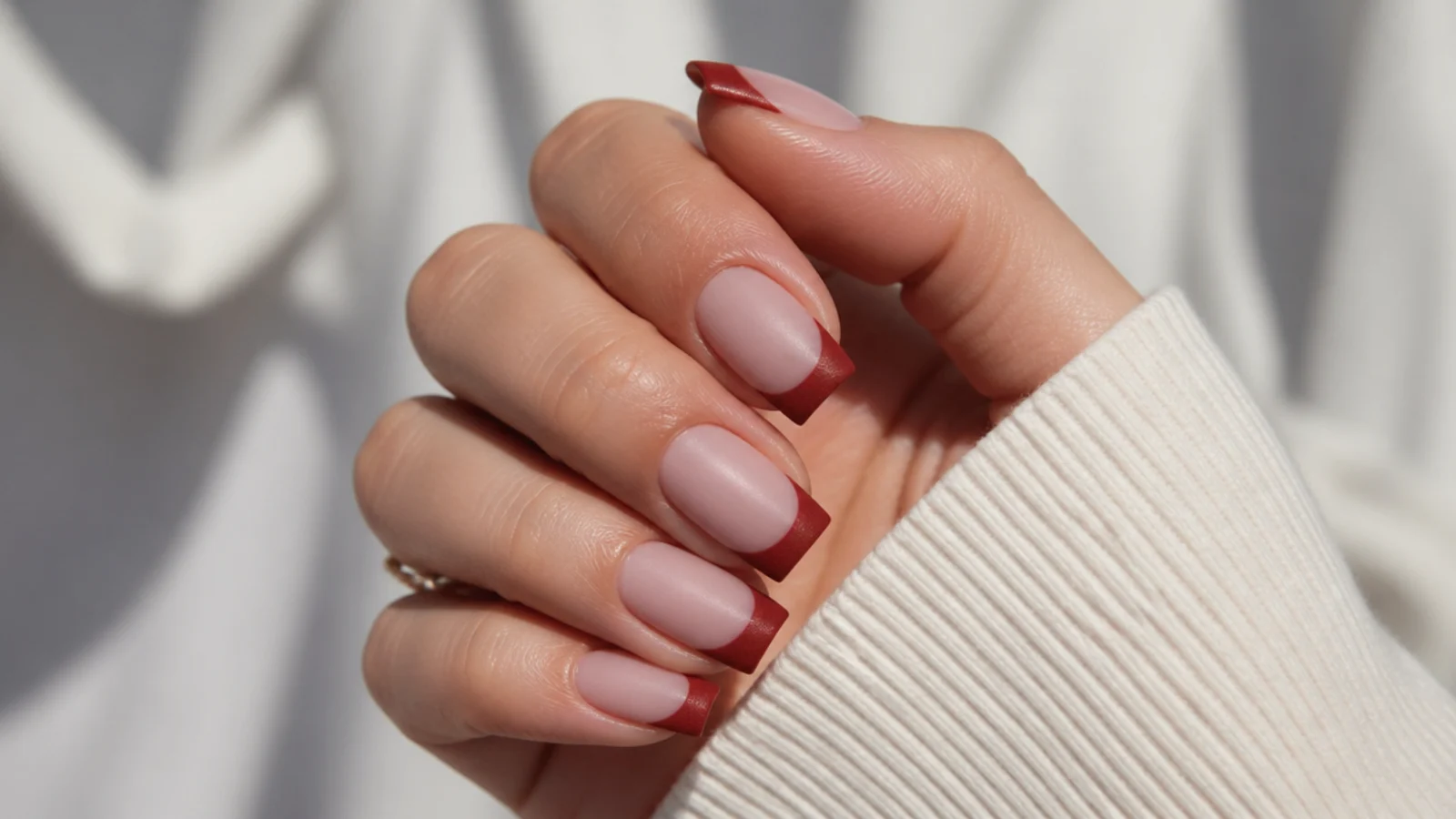 Medium square nails with velvet matte red French tips on a matte nude base