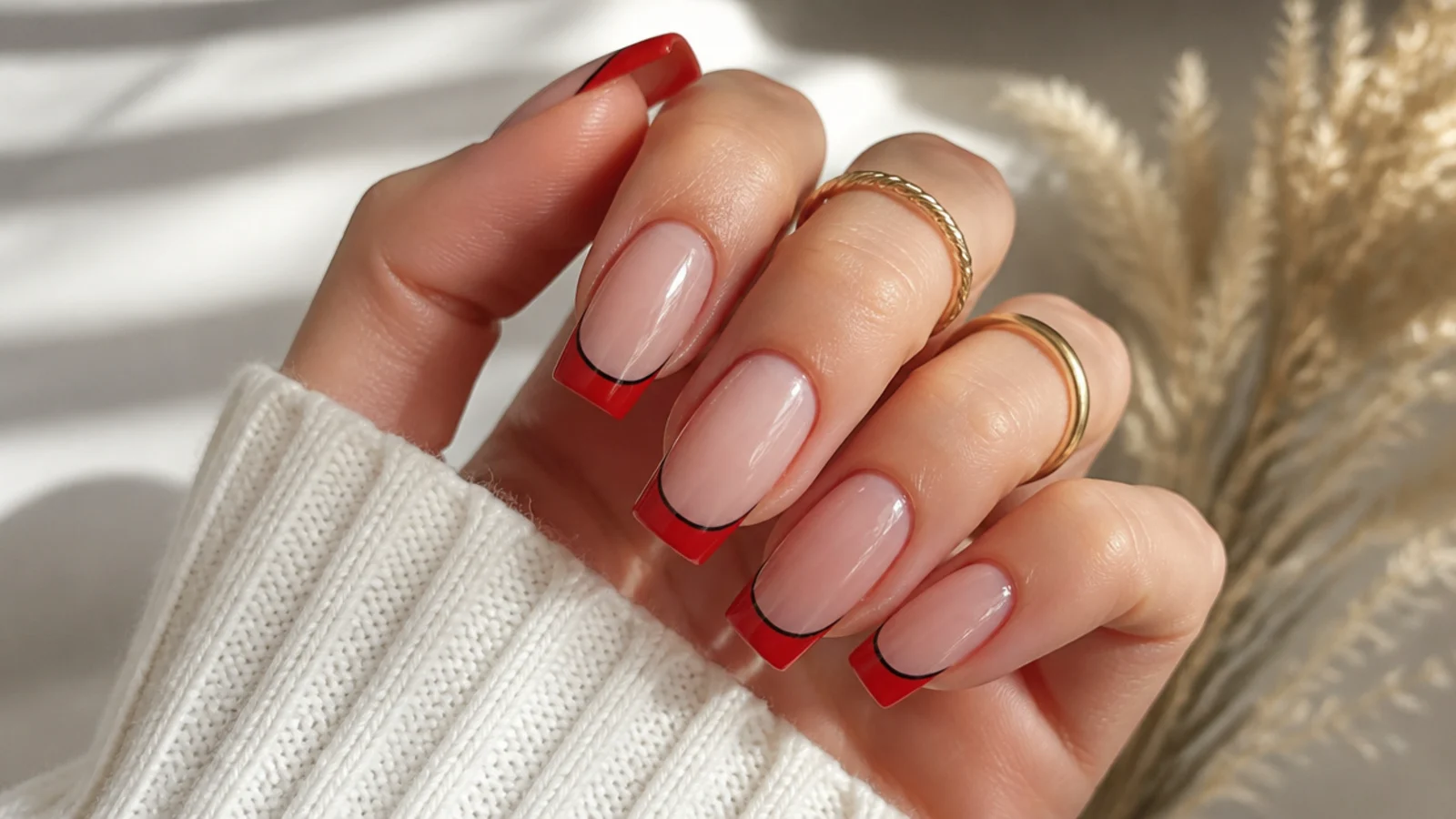 Medium coffin nails with a red French tip and a thin black line beneath it on a nude base