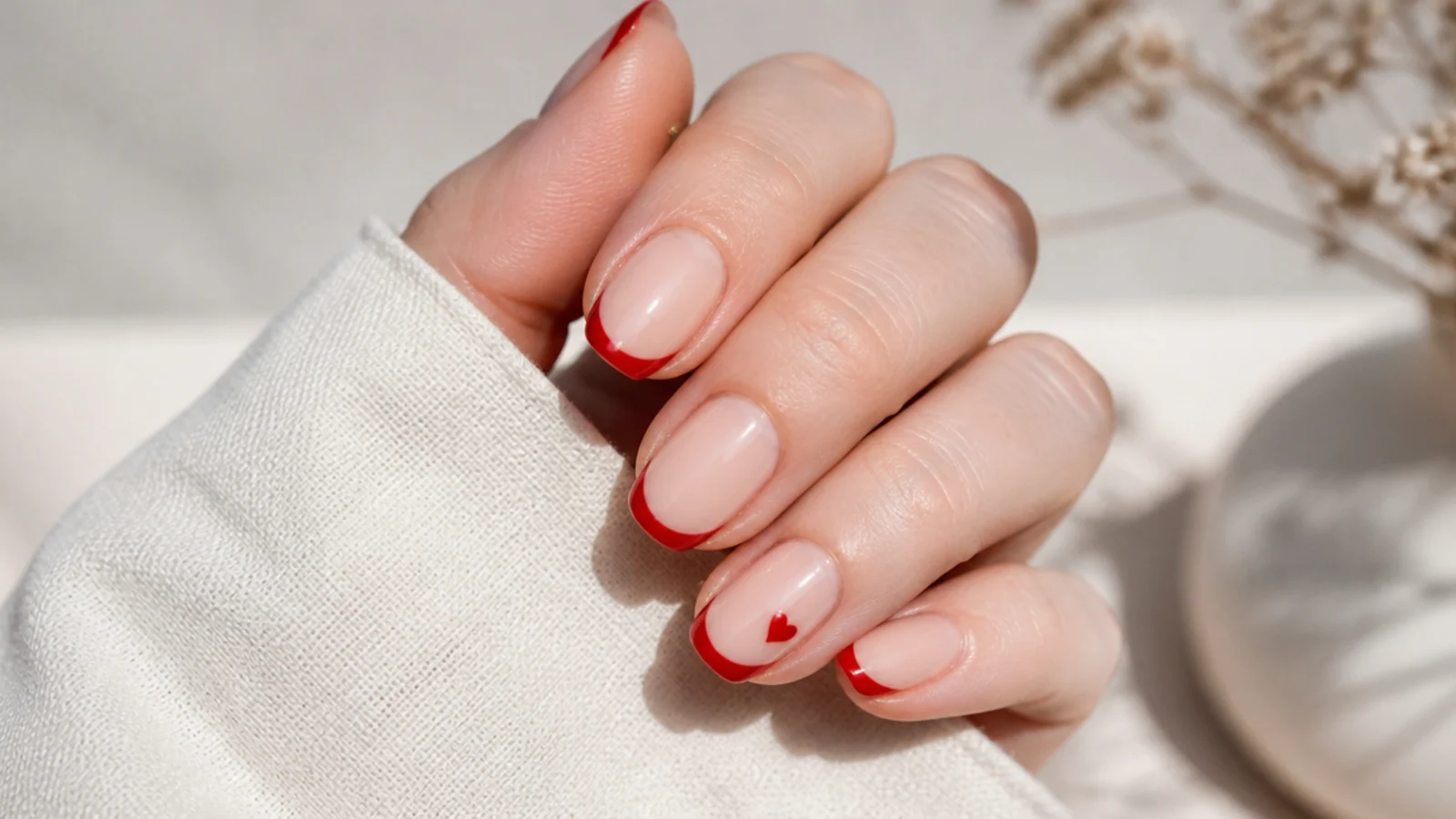 Short almond nails with red French tips and a small red heart painted at the corner of one nail