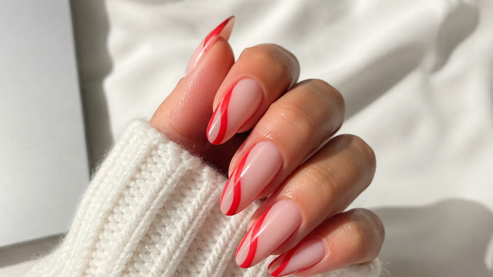 Long almond nails with a red swirl curving from the tip down the side of a nude nail