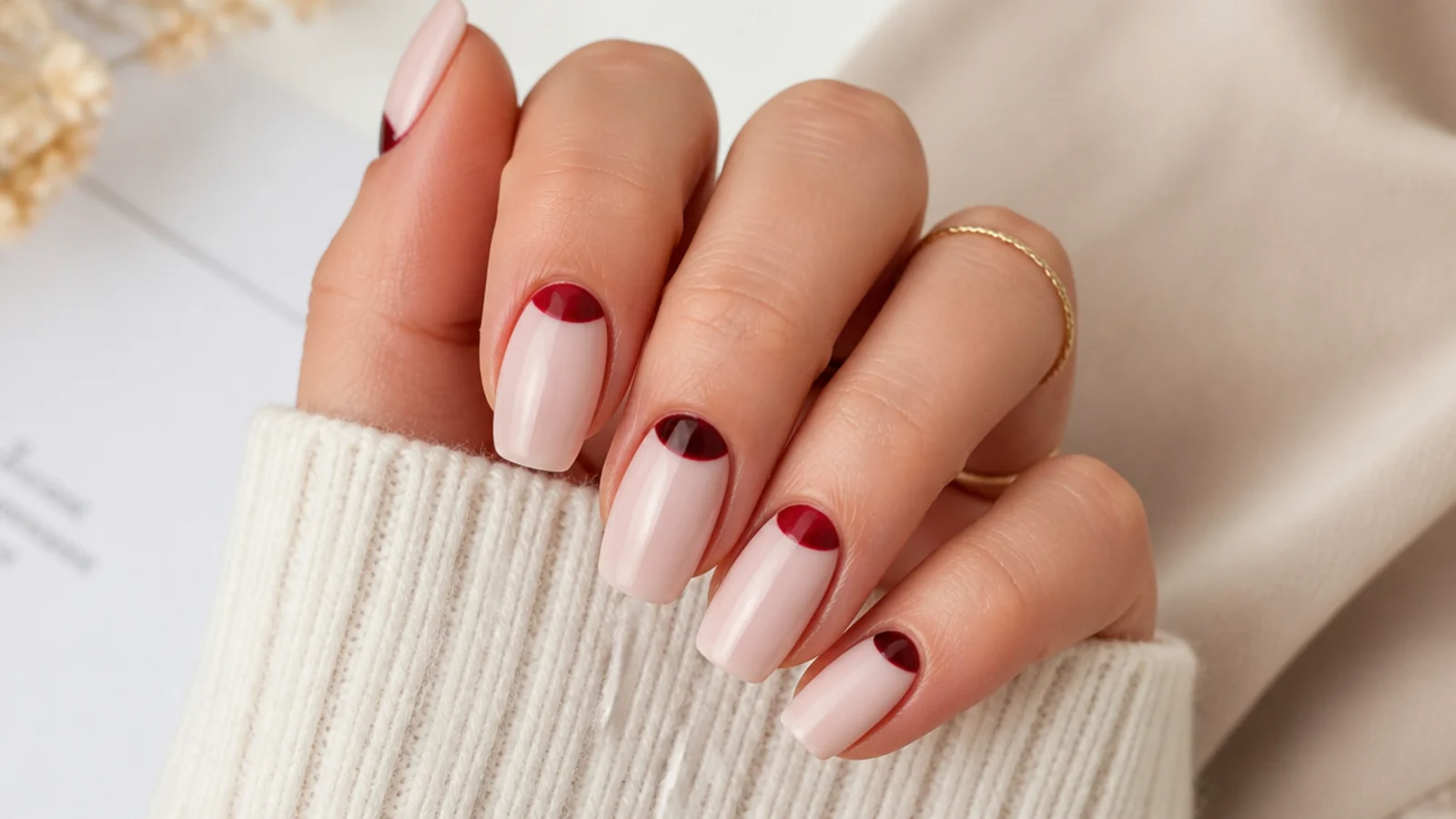 Medium square nails with a red half moon at the cuticle instead of at the tip