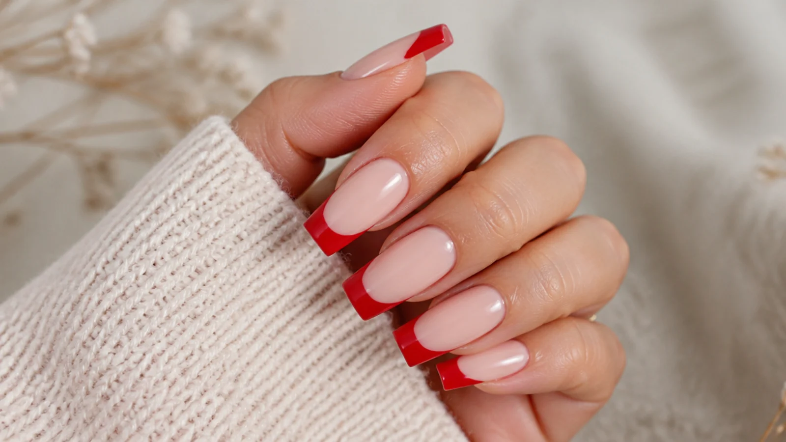 Long coffin nails with straight red French tips running parallel to the flat squared edge