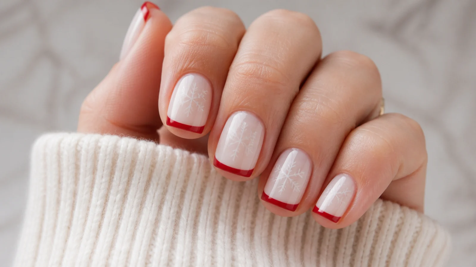 Short square nails with red French tips and tiny white snowflake accents on a milky base