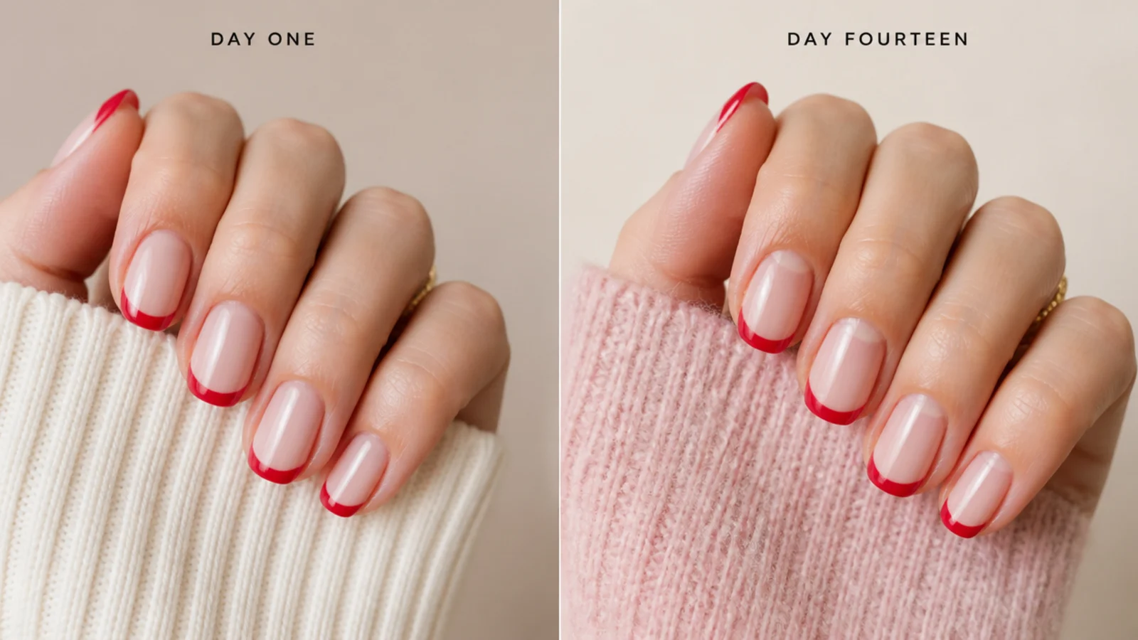 Red French tip nails at day one and day fourteen showing regrowth against a nude base