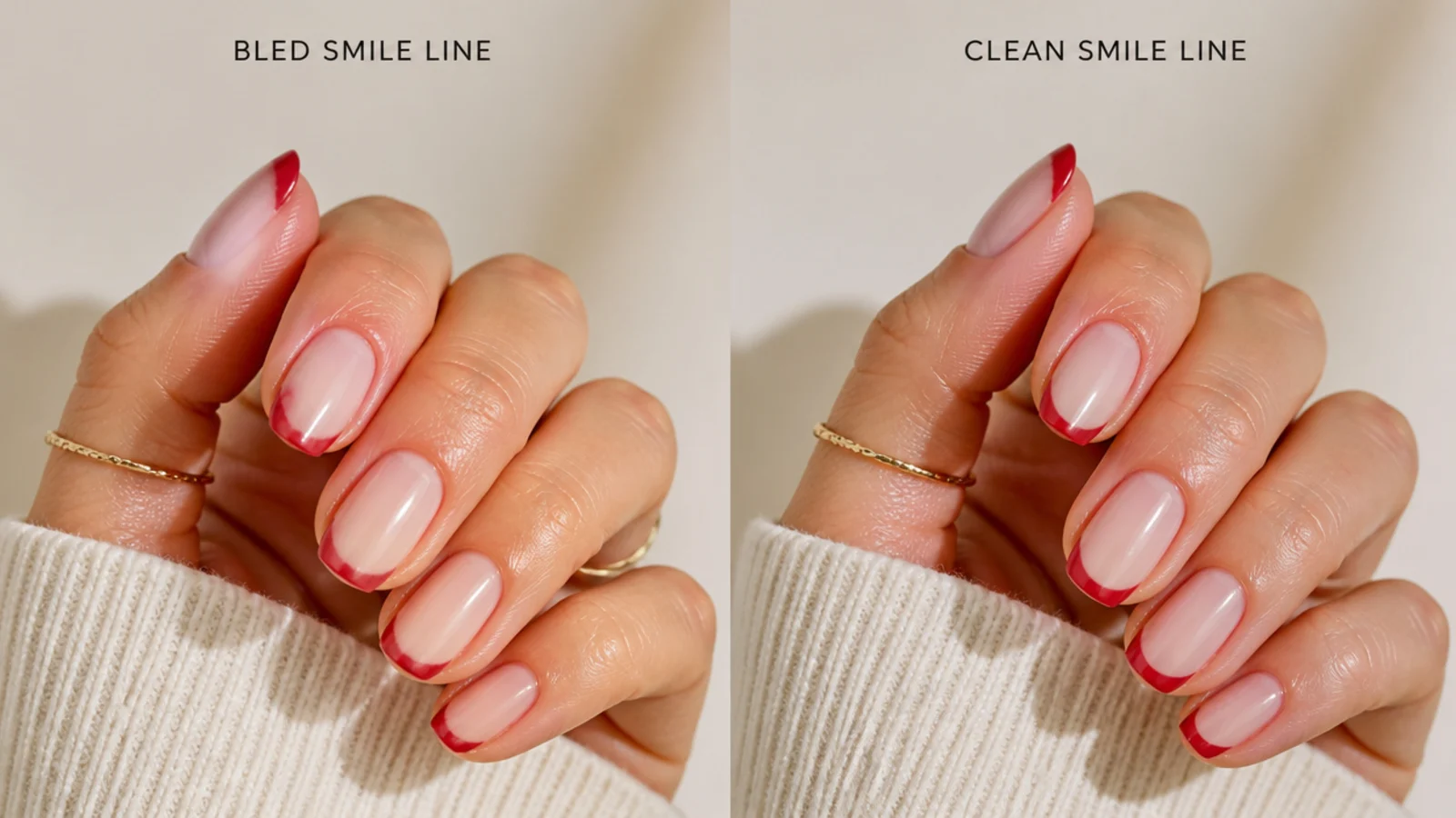 Two red French tips compared, one with a bled uneven smile line and one with a crisp clean edge
