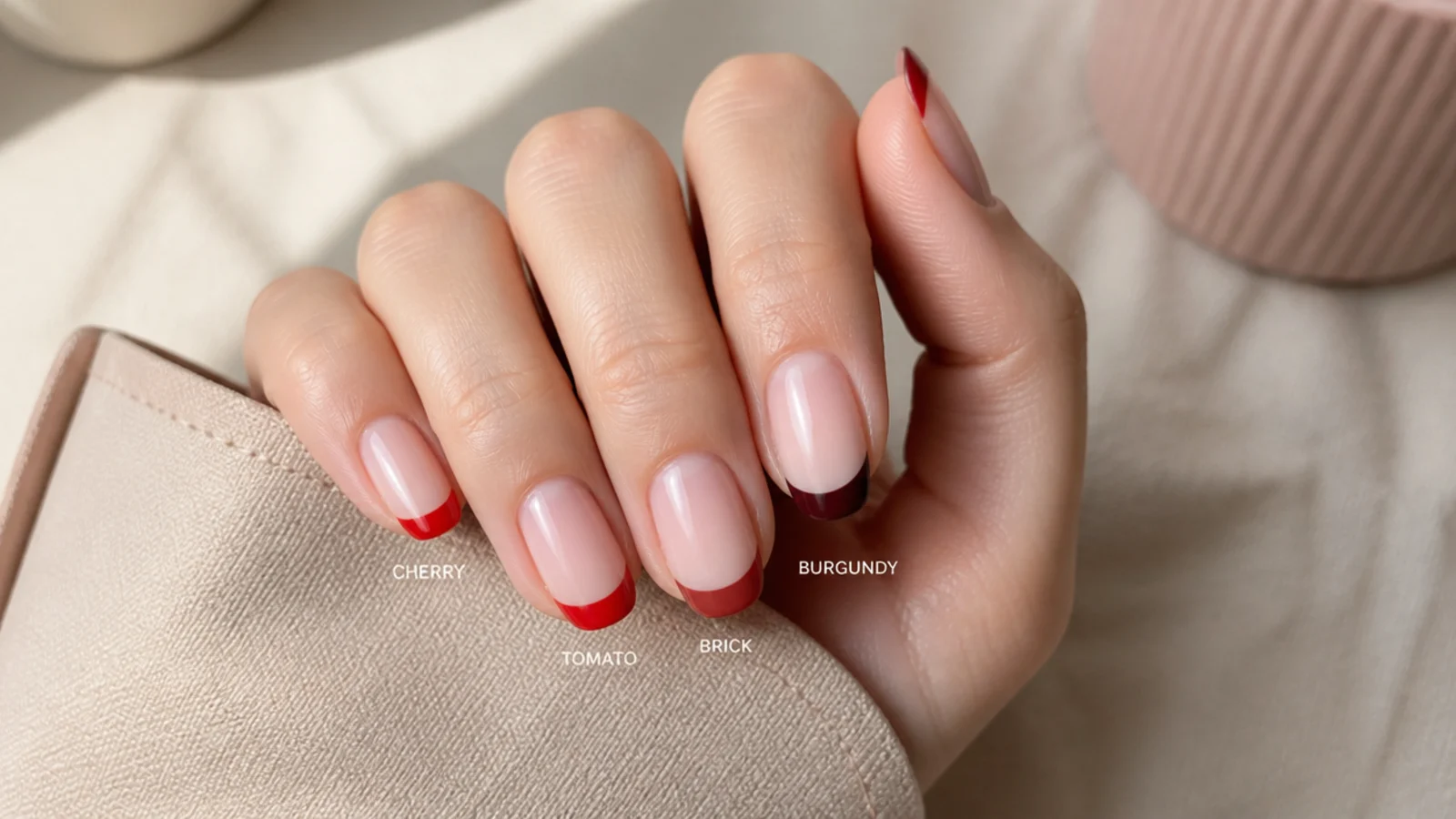 Four red nail polish swatches compared showing cherry, tomato, brick and burgundy French tips