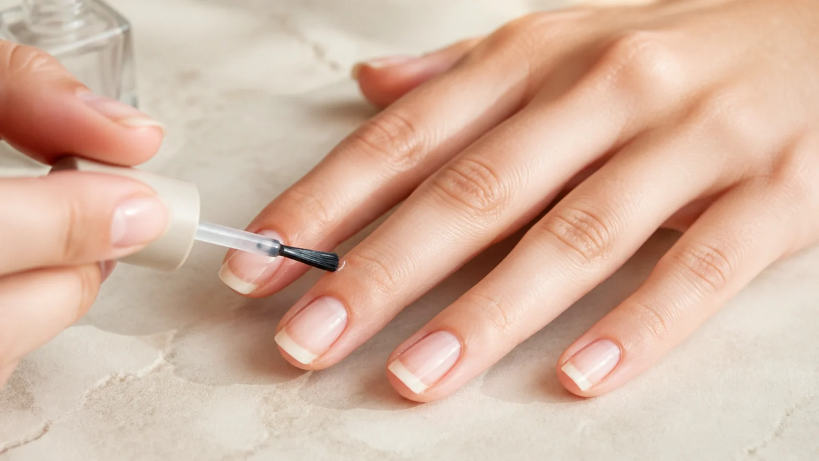 Clear base coat being brushed onto a bare natural nail before red French tip polish