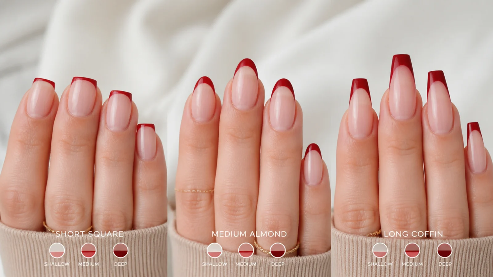 Short square, medium almond and long coffin nails compared with different red French tip depths