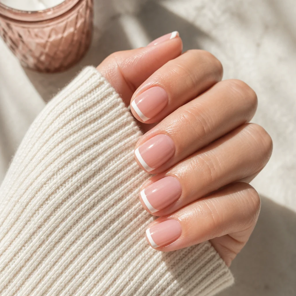 Short square nails with a crisp white French tip on a sheer pink base and glossy finish