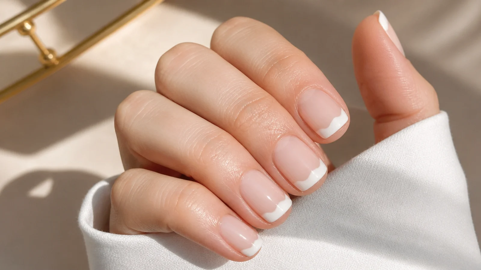 Short nails with a soft milky white French tip melting into a sheer nude base