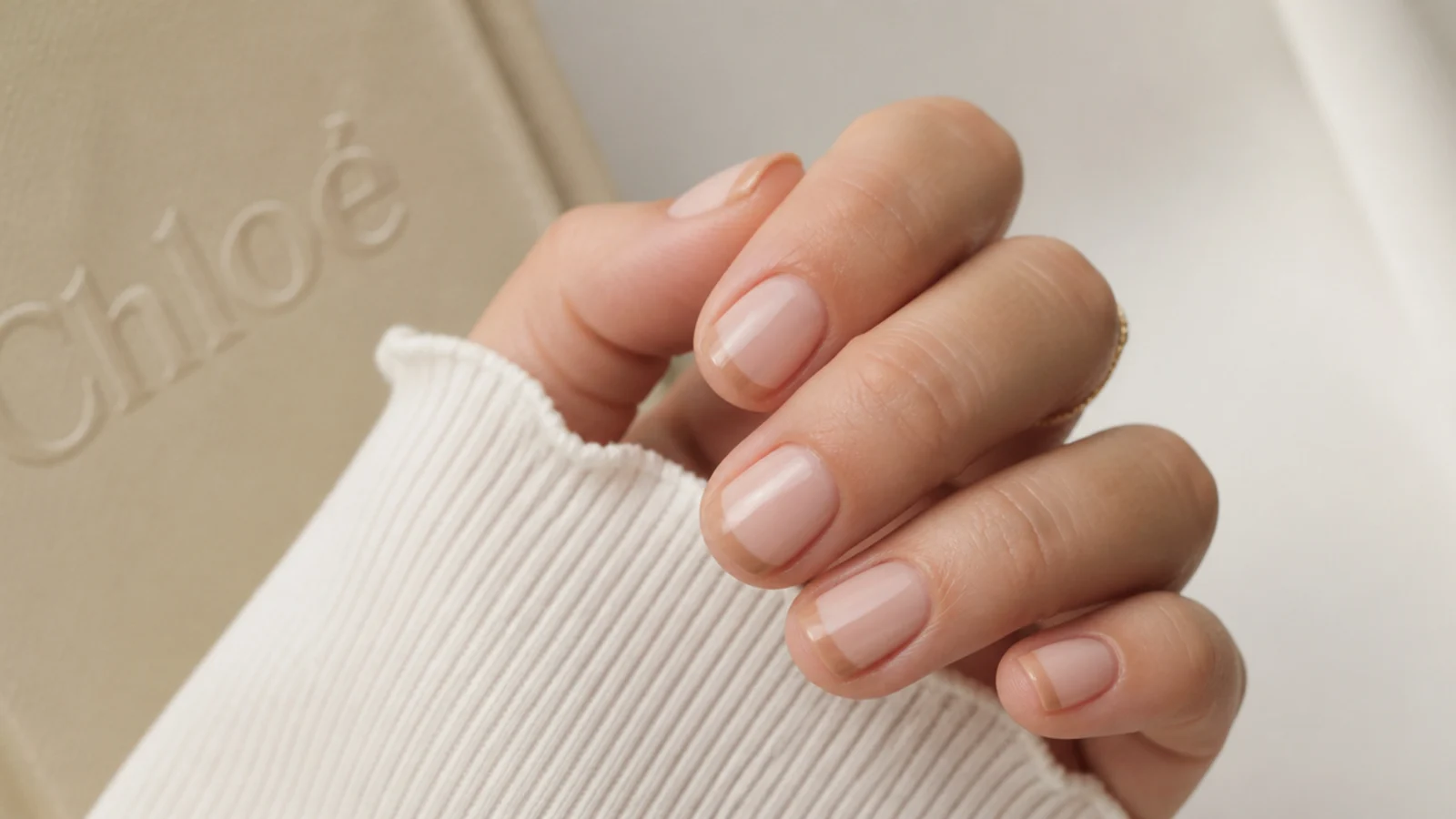 Short nails with a beige nude French tip one shade deeper than the sheer base
