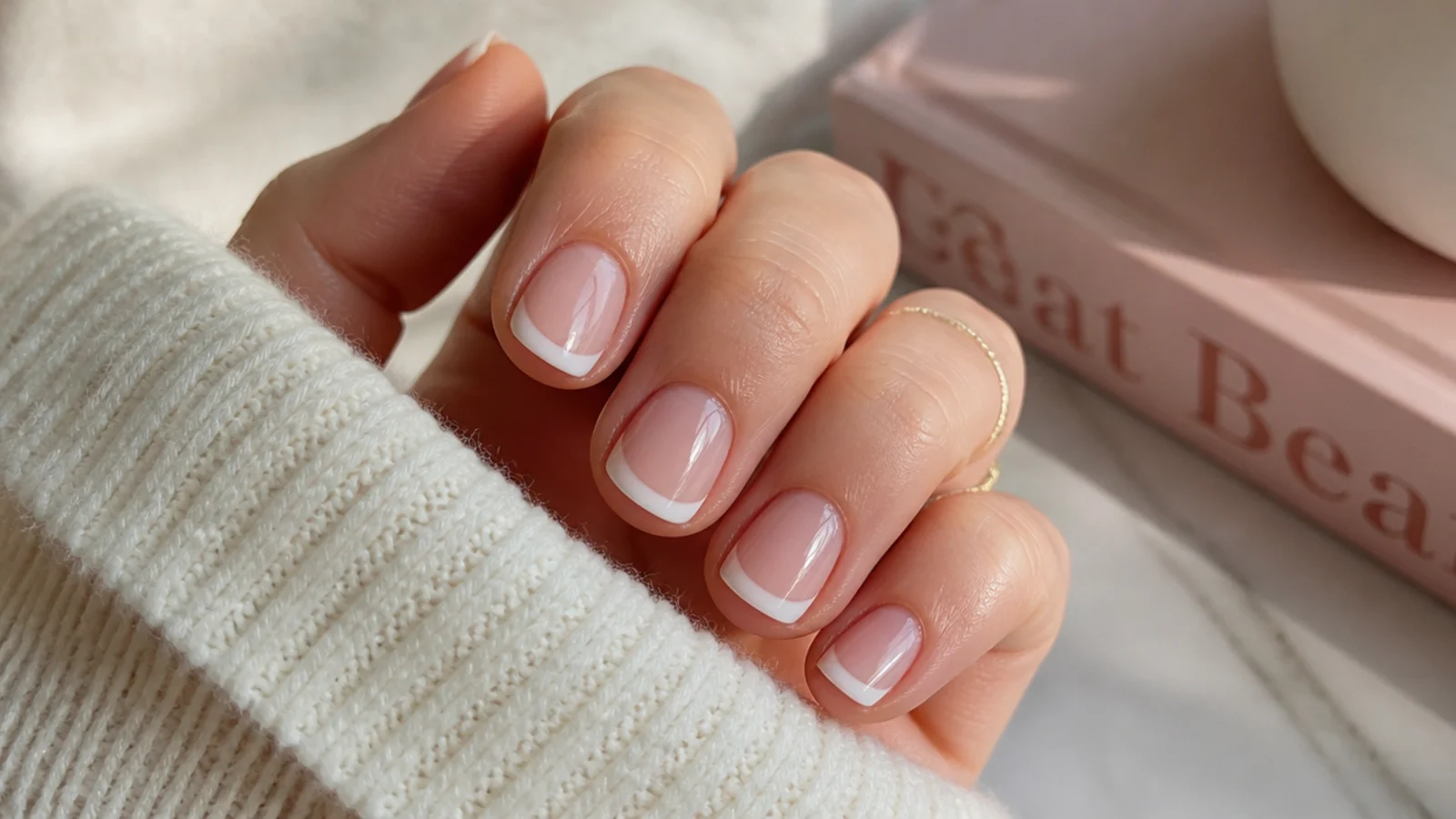 Short nails with a white French tip over a translucent sheer pink base showing the nail bed