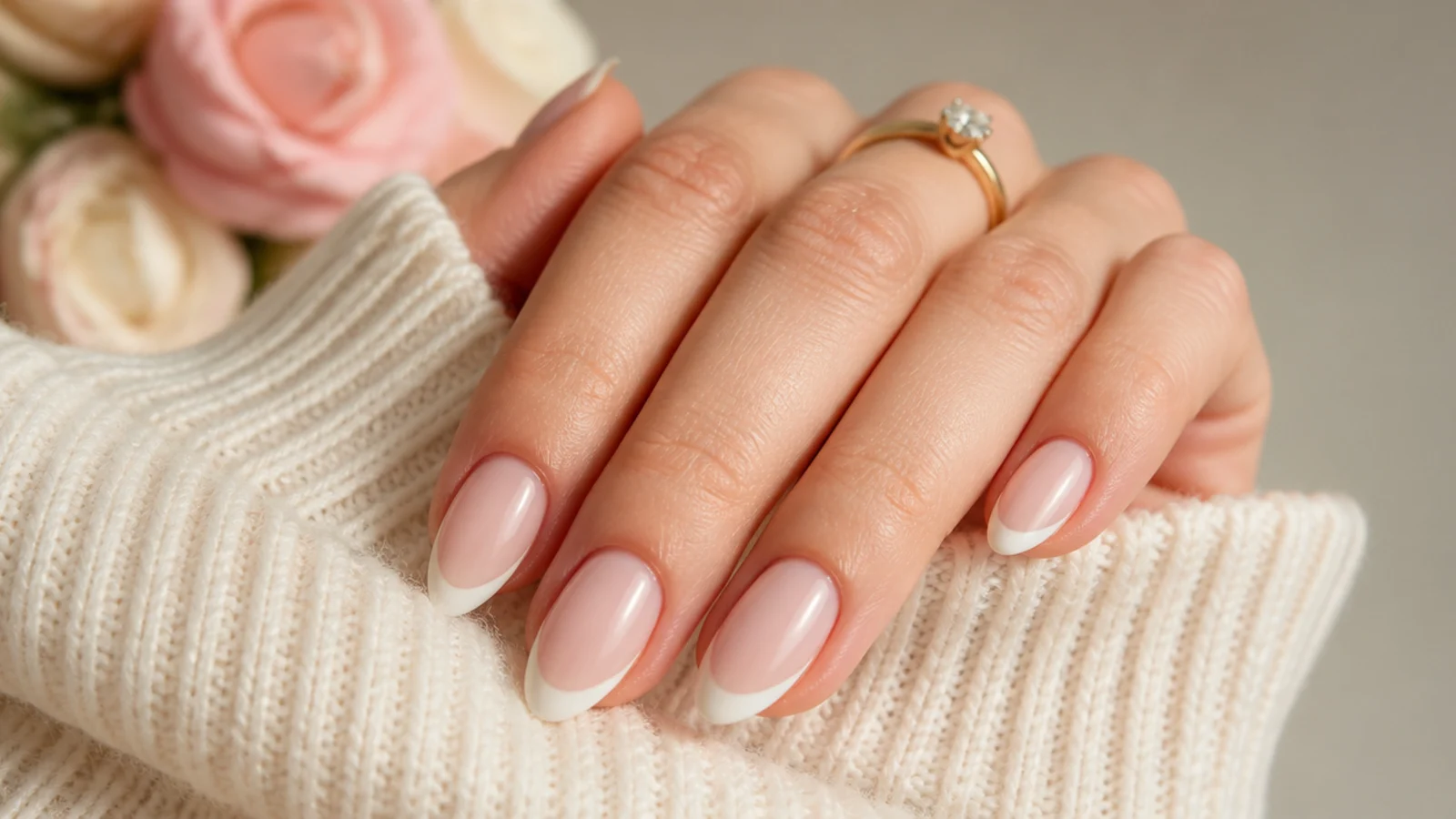 Short almond nails with a thin white French tip following the taper toward a soft point