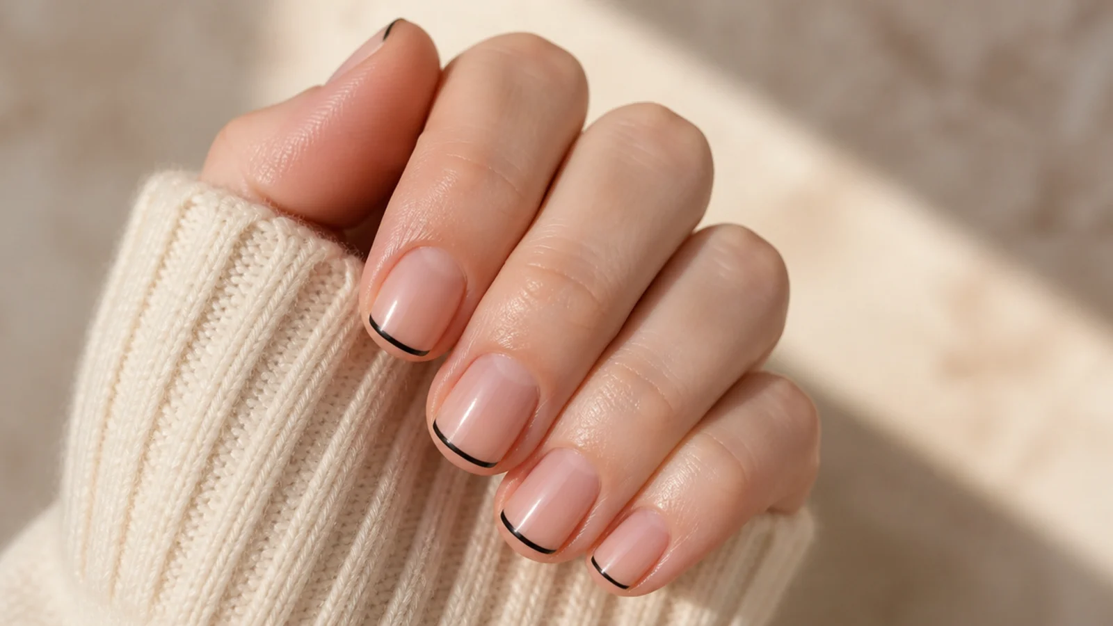 Short square nails with a fine black French tip line on a bare natural nail