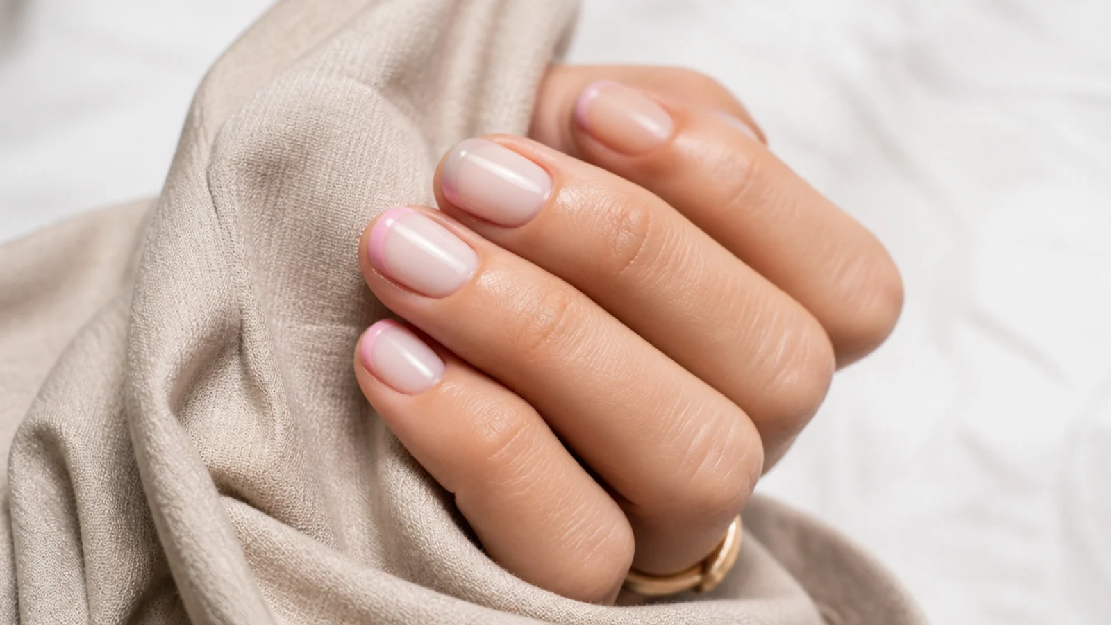 Short nails with a soft baby pink French tip over a milky white base
