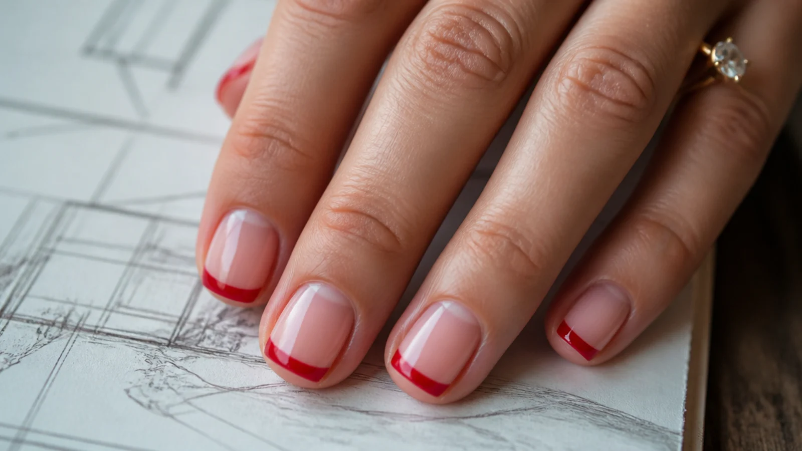 Short square nails with a blue-based cherry red French tip on a bare nail