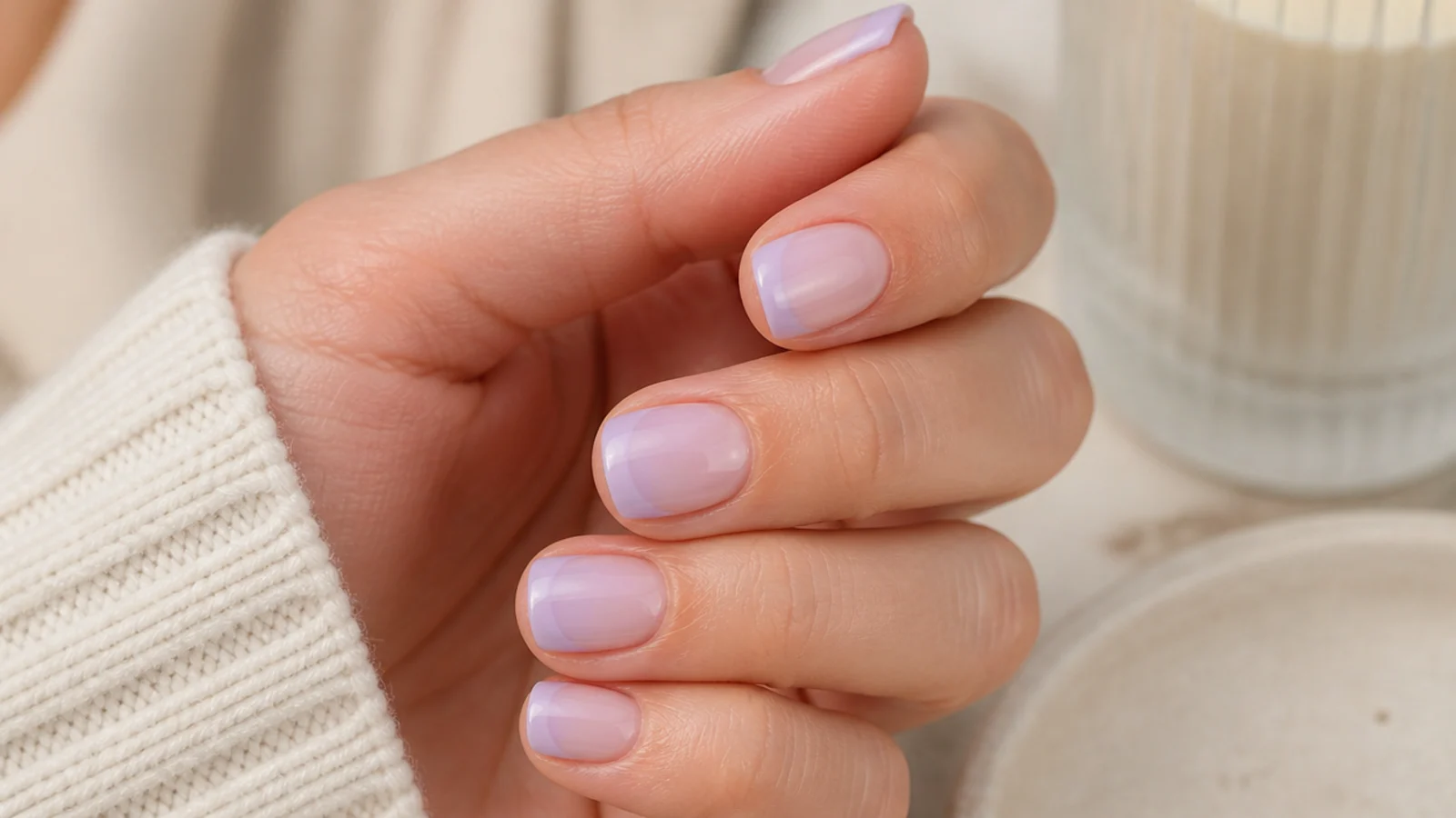 Short nails with a pale lavender French tip on a translucent milky base