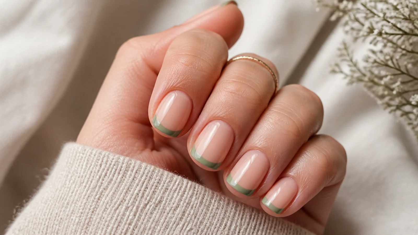 Short squoval nails with a muted sage green French tip on a sheer nude base