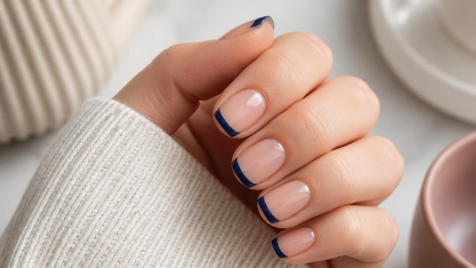 Short square nails with a deep navy blue French tip on a bare natural nail