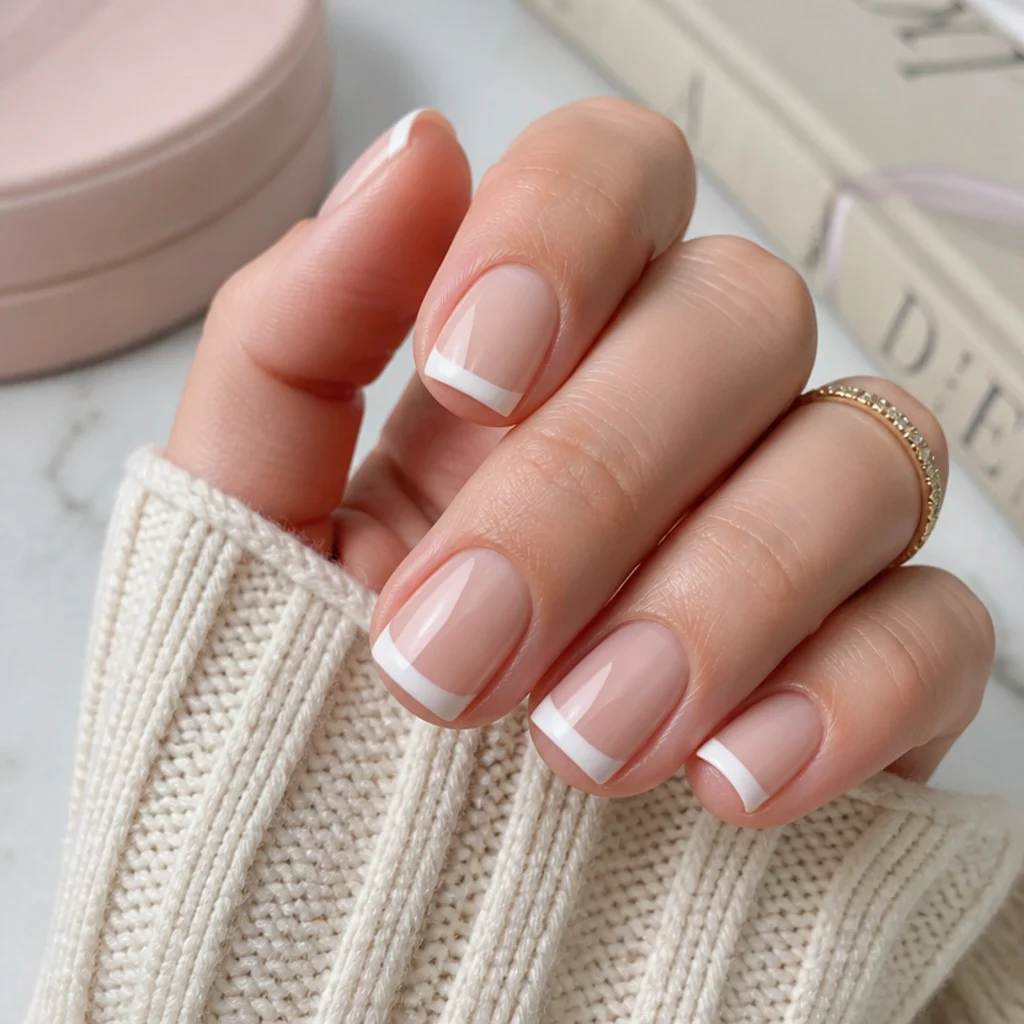 Short square nails with a straight-across white French tip and sharp corners