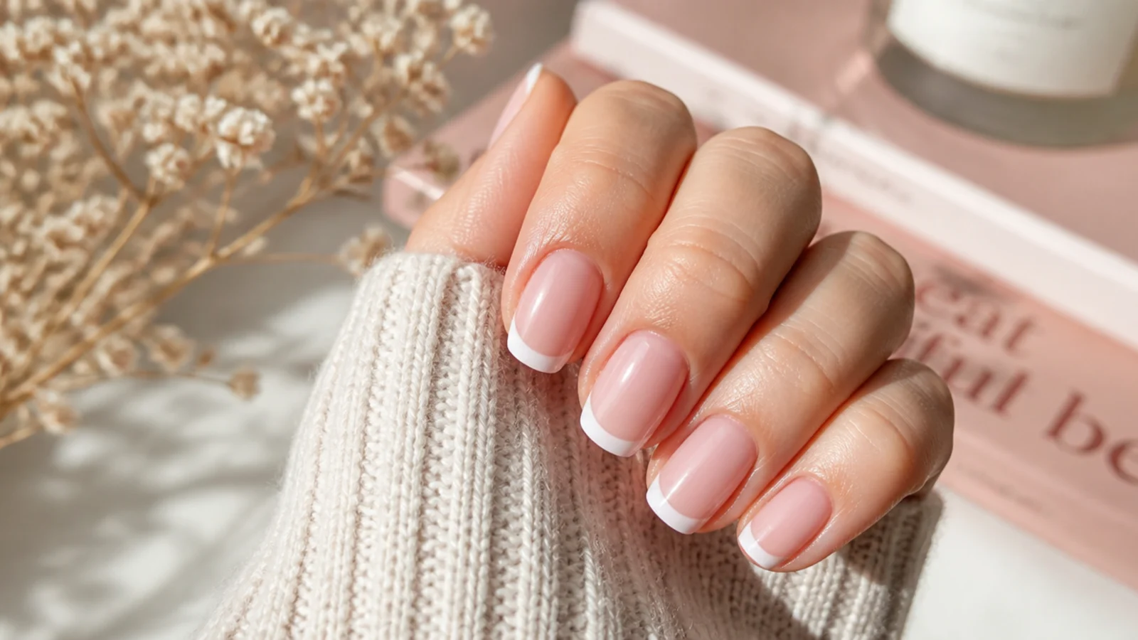 Short squoval nails with a gently curved white French tip and rounded corners