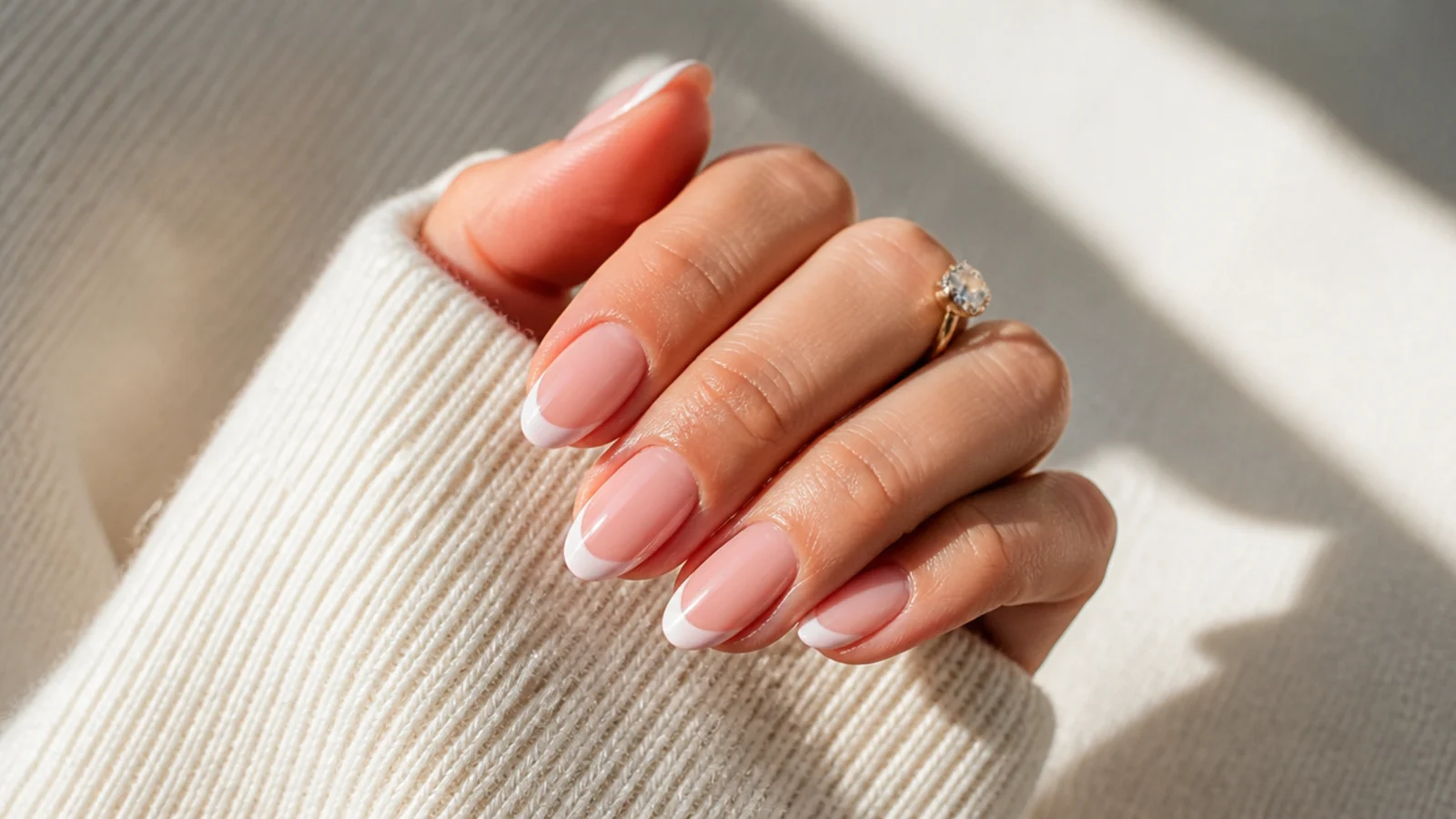 Short almond nails with a curved white French tip narrowing toward a soft point