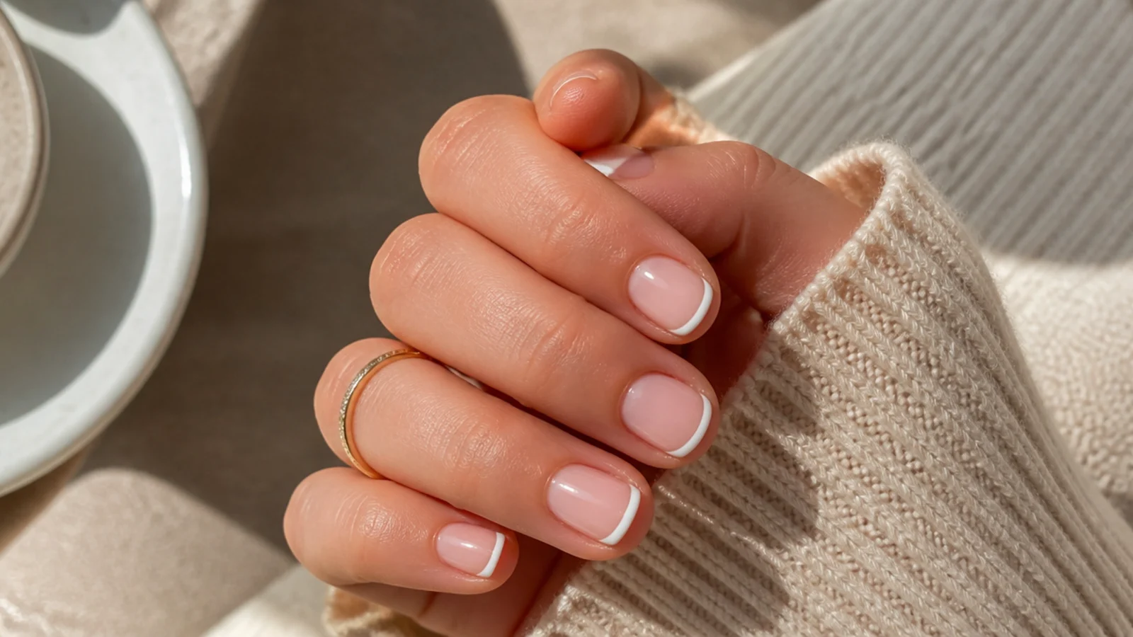 Very short round nails with a soft white French tip following the natural curve