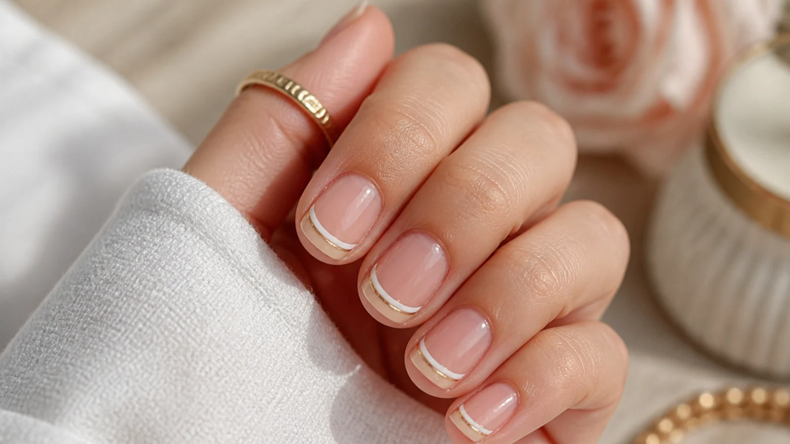 Short nails with two stacked French tip lines in white and gold on a nude base