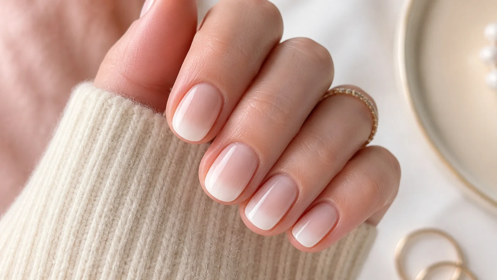 Short nails with a soft ombre French tip fading from white at the edge into a nude base