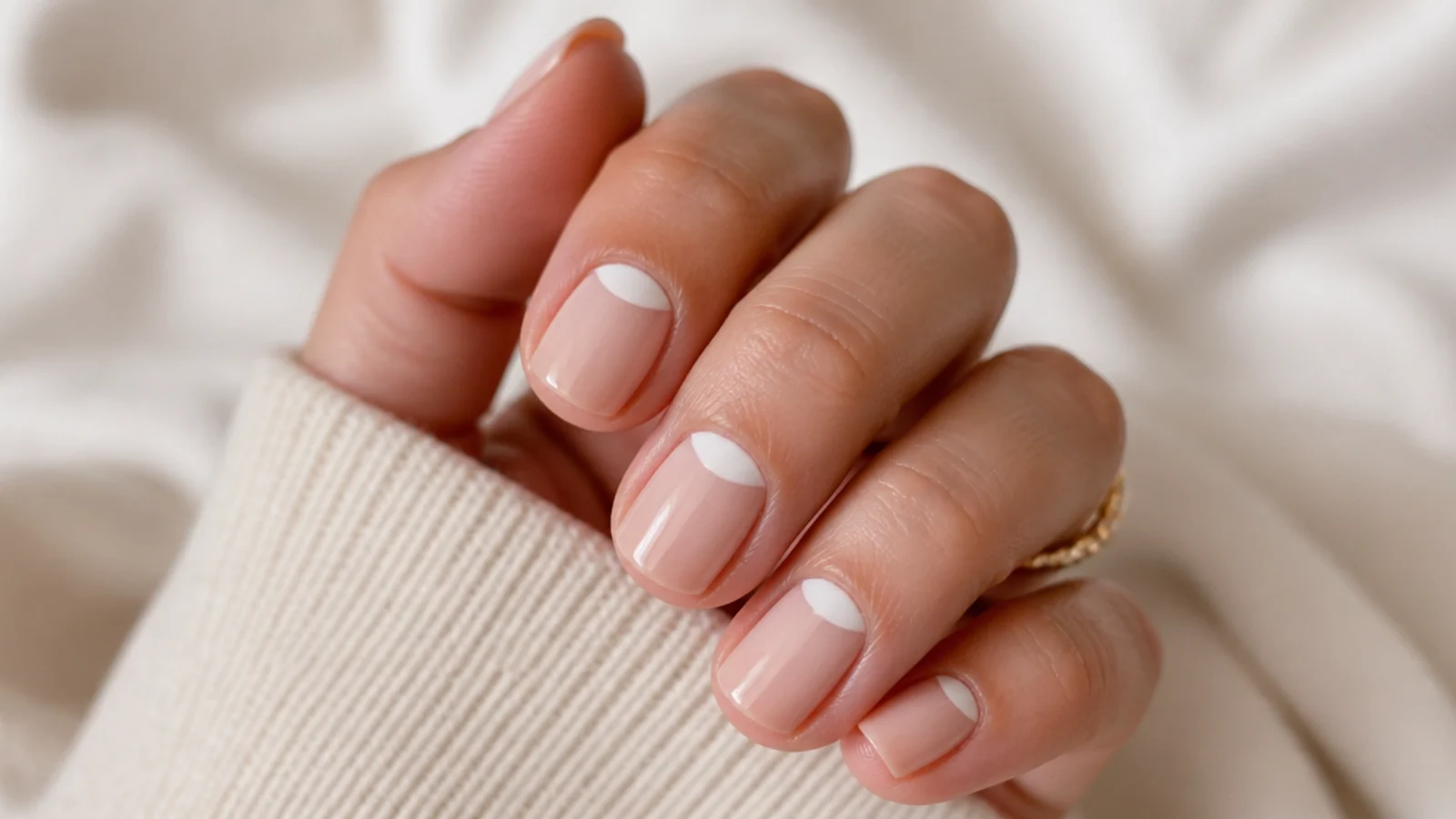 Short nails with a reverse French half moon painted at the cuticle instead of the tip