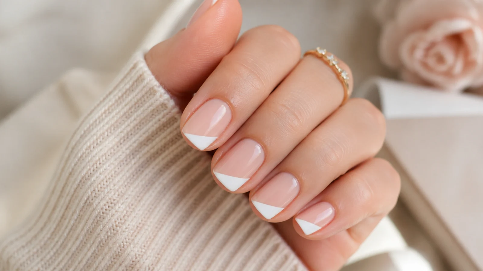 Short square nails with a slanted diagonal white French tip cutting across one corner